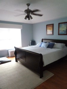 blue bedroom with gray bedding